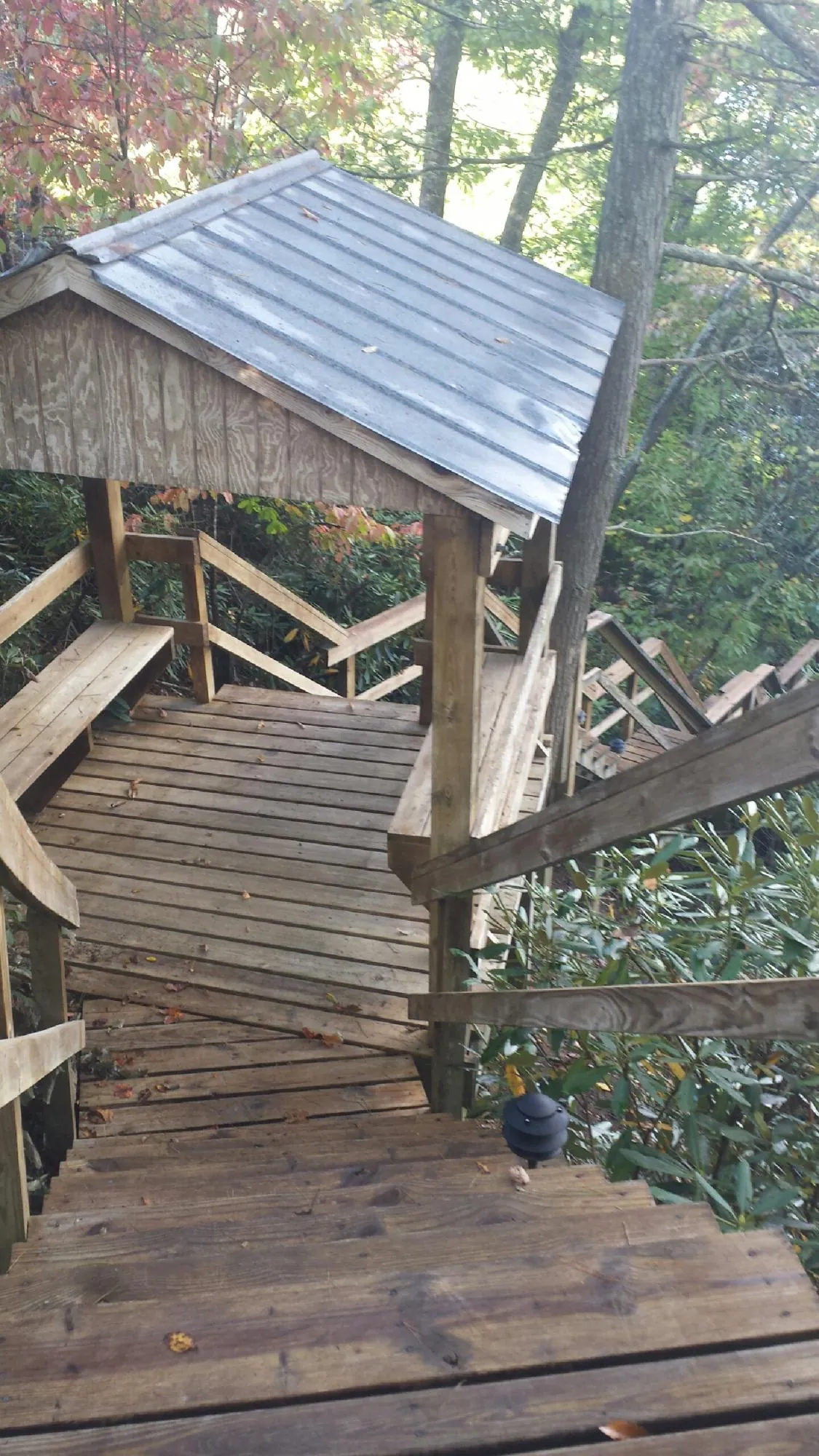Metal roofed shelter over wooden steps on a wooded walkway — Skylight Repair & Installation work by our crew in Albany